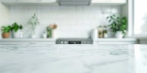 kitchen with white countertops, cabinets, empty counter space, in the style of bokeh, straight on perspective, low angle, green and gray, blurred, flat, marbleized stock photo --ar 16:9 --style raw Job ID: dc264ea8-aca3-4950-a52f-32ac2569fb96